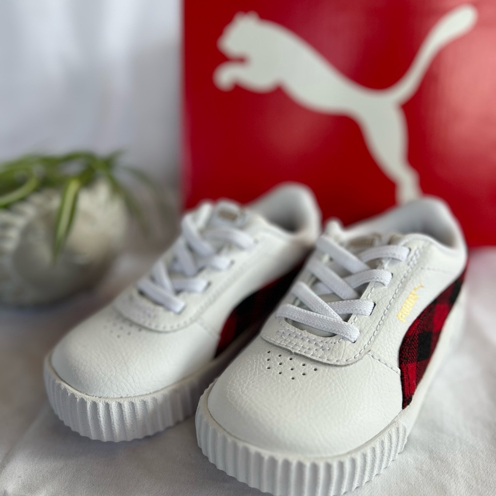 Puma Carina | US Size 8C | Unisex Sneaker | White w/ Red & Black ‘Winter Plaid’